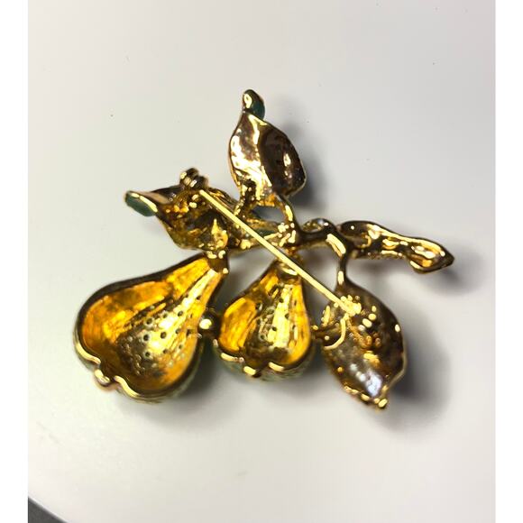 Vintage Sparkling Pear Brooch Pin - Green Pave Rhinestones & Enamel Leaves - Picture 10 of 10